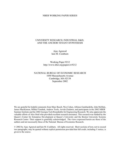 University research, industrial R & D, and the anchor tenant hypothesis (NBER working paper series)